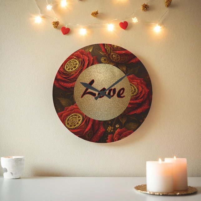 Reloj Redondo Grande Luxury Steampunk Roses Romantic Gold Gears (Subido por el creador)