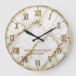 Reloj Redondo Grande Luxury White Marble Gold Monogram Real Estate 