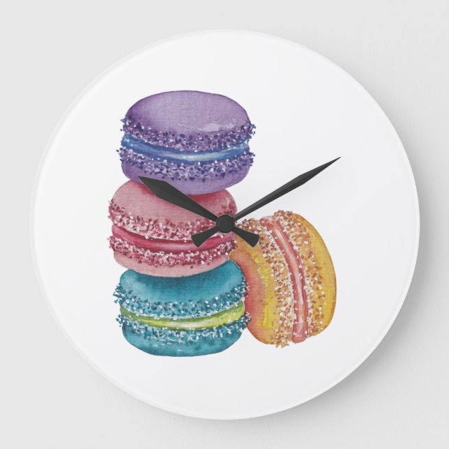 Reloj Redondo Grande Macarones De Arcoiris Cuidados En Acuarela (Anverso)