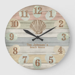 Reloj Redondo Grande Madera de color Banda Náutica y conchas marinas L