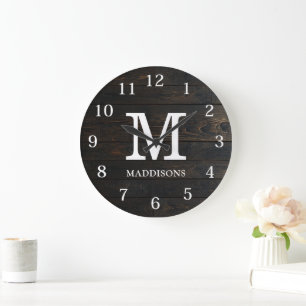 Reloj Redondo Grande Madera Marrón Rústica Familia Nombre Granja