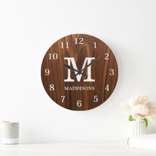 Reloj Redondo Grande Madera Marrón Rústica Familia Nombre Granja