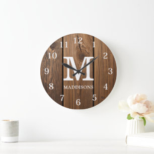 Reloj Redondo Grande Madera Marrón Rústica Familia Nombre Granja