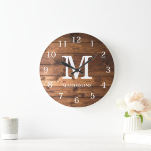 Reloj Redondo Grande Madera Marrón Rústica Familia Nombre Granja