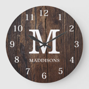 Reloj Redondo Grande Madera Marrón Rústica Familia Nombre Granja