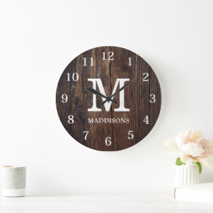 Reloj Redondo Grande Madera Marrón Rústica Familia Nombre Granja