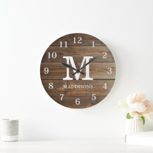 Reloj Redondo Grande Madera Marrón Rústica Familia Nombre Personalizado