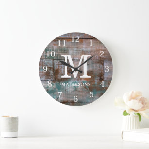 Reloj Redondo Grande Madera Marrón Rústica Familia Nombre Personalizado