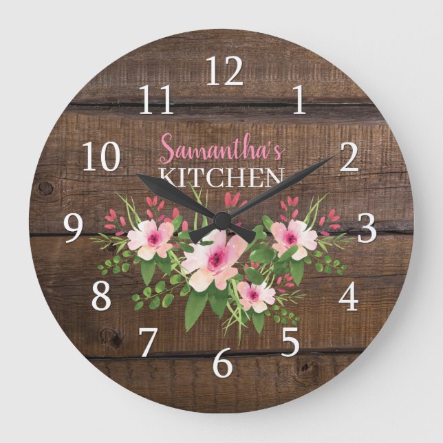 Reloj Redondo Grande Madera Oscura Personalizada Y Cocina Floral Rosa (Anverso)