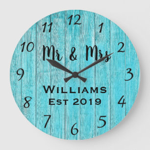 Reloj Redondo Grande Madera personalizada rústica teal personalizada