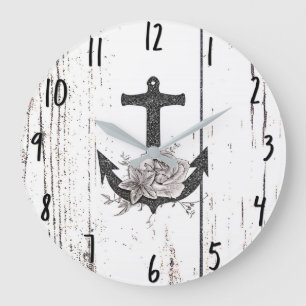 Reloj Redondo Grande Madera Rústica Ancla de Playa Costera Floral Vinta