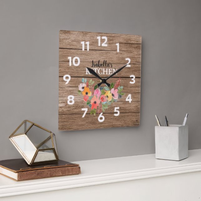 Reloj Redondo Grande Madera Rústica Personalizada Y Cocina Floral Rosa (Personalized Rustik Wood )