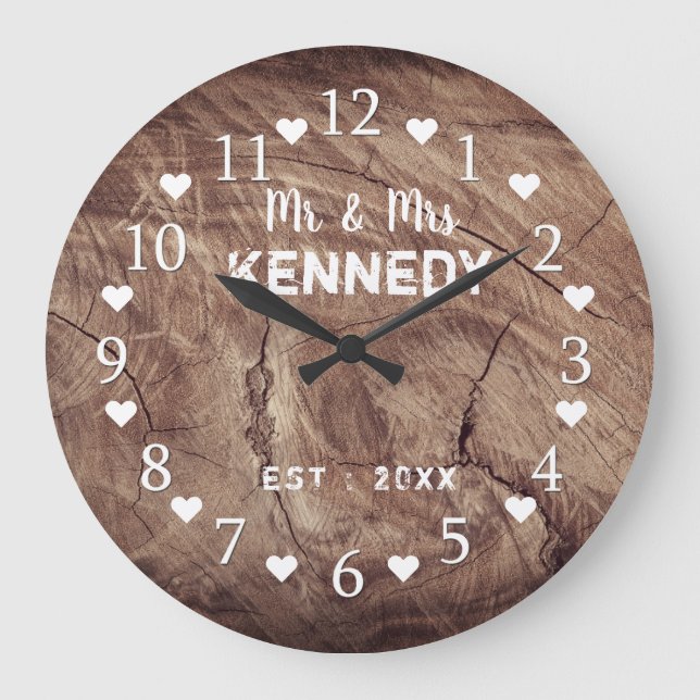 Reloj Redondo Grande Madera Weathered Sr. Y Sra. Country Wedding (Anverso)