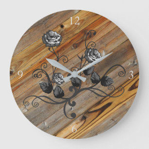 Reloj Redondo Grande Madera y Rosas rústicos y elegantes