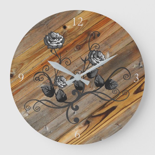Reloj Redondo Grande Madera y Rosas rústicos y elegantes (Anverso)