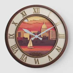 Reloj Redondo Grande Madison Wisconsin Skyline Wooden