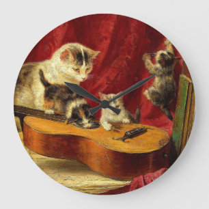 Reloj Redondo Grande Madre gata y gatitos jugando con guitarra