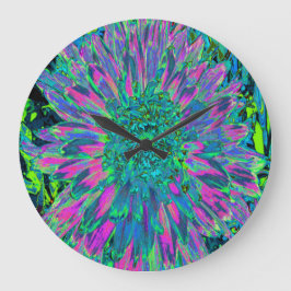 Reloj Redondo Grande Magenta psicodélica, Aqua y Lime Green Dahlia