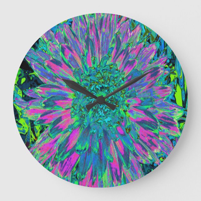 Reloj Redondo Grande Magenta psicodélica, Aqua y Lime Green Dahlia (Anverso)