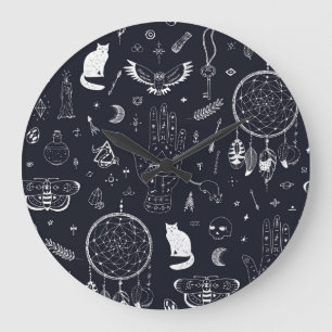 Reloj Redondo Grande Magia de Halloween: Patrón de Doodle Vintage.