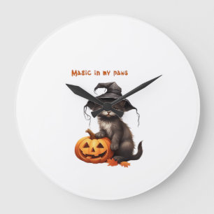 Reloj Redondo Grande Magia en mis patas � Diseño de gato de Halloween C