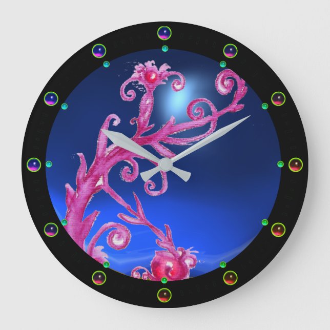 RELOJ REDONDO GRANDE MAGIC BERRIES; PINK FLORAL SWIRLS BLUE GEMSTONE (Anverso)