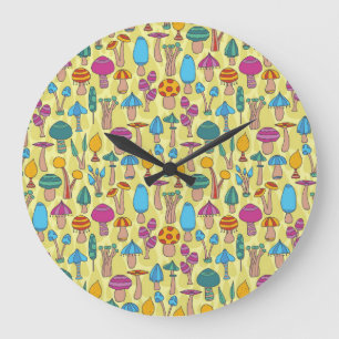 Reloj Redondo Grande Magnífico Mushrooms Doodle Seamless Pattern