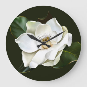 Reloj Redondo Grande Magnolia blanca cierra fondo verde