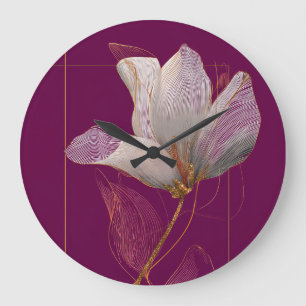Reloj Redondo Grande Magnolia Blanca Línea Dorada Magenta