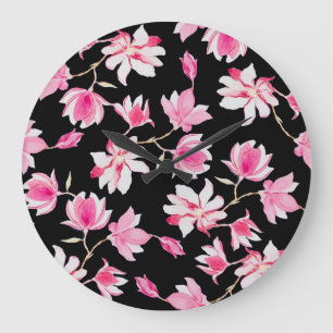 Reloj Redondo Grande Magnolia romántica: acuarela negra