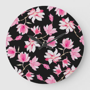 Reloj Redondo Grande Magnolia romántica: acuarela negra