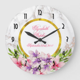 Reloj Redondo Grande Magnolias acuarelas, Boda de textura de mármol fal