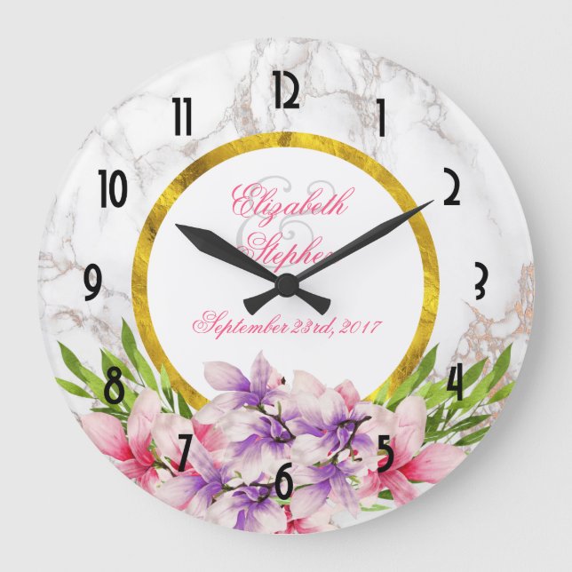 Reloj Redondo Grande Magnolias acuarelas, Boda de textura de mármol fal (Anverso)