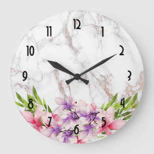Reloj Redondo Grande Magnolias acuarelas sobre la textura de mármol fal
