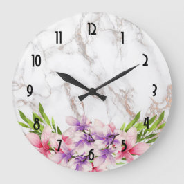 Reloj Redondo Grande Magnolias color agua, Boda de textura de mármol fa