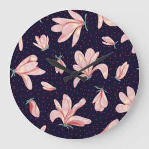 Reloj Redondo Grande Magnolias florecientes, patrón de cosecha a mano.