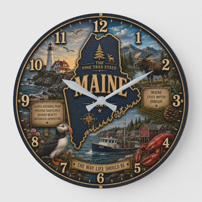 Reloj Redondo Grande Maine State  Pine Tree State Coastal Lighthouse  (Anverso)