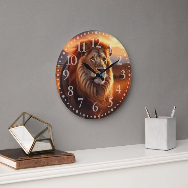 Reloj Redondo Grande Majestic African Lion in a Serengeti Sunset (Oficina)