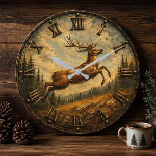 Reloj Redondo Grande Majestic Deer Rustic Wildlife Jumping Buck Hunting