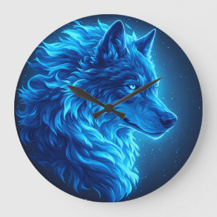 Reloj Redondo Grande Majestuoso Lobo Azul Brillante Arte de Fantasía de