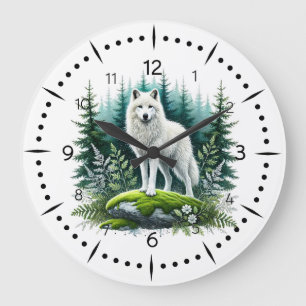 Reloj Redondo Grande Majestuoso Lobo Blanco en el bosque