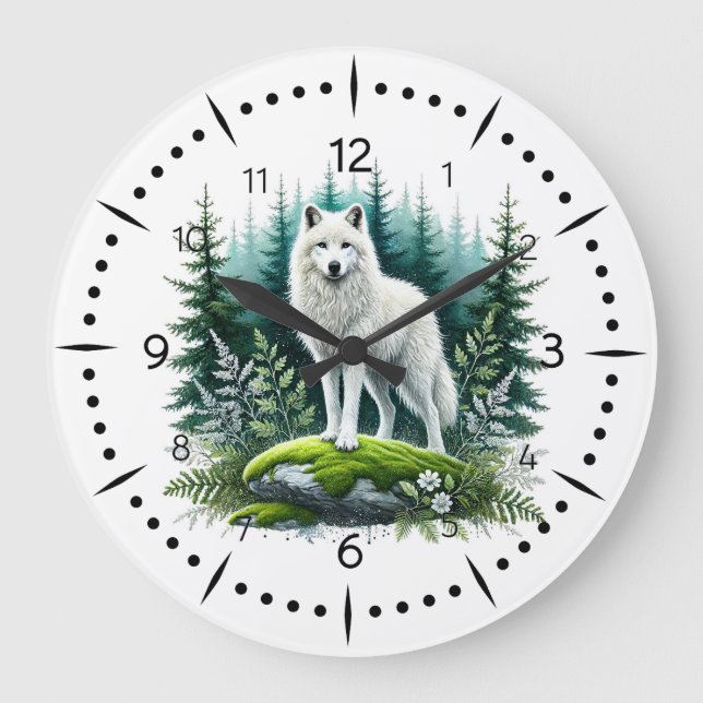 Reloj Redondo Grande Majestuoso Lobo Blanco en el bosque (Anverso)
