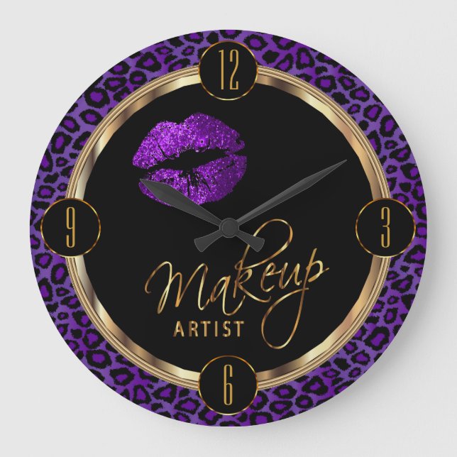 Reloj Redondo Grande Makeup Artist Purple Lips with Leopard Print (Anverso)