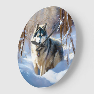 Reloj Redondo Grande Malamute Aaskan Deja que nieve Navidad