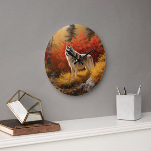 Reloj Redondo Grande Malamute de Alaska  en Otoño Hojas Caídas Inspirad