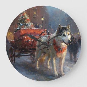 Reloj Redondo Grande Malamute de Alaska Temporada Navideña Festiva