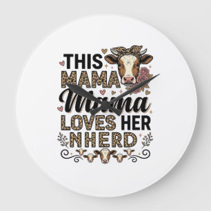 Reloj Redondo Grande Mamá Ama a su Manada Diseño de Camiseta de Vaca Vi