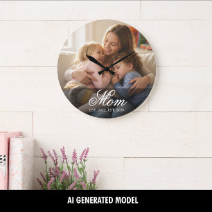 Reloj Redondo Grande Mamá Estableció Foto Moderna en Blanco y Letra Scr