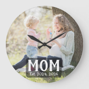 Reloj Redondo Grande Mamá Estableció Foto Moderna en Letra Blanca Scrip