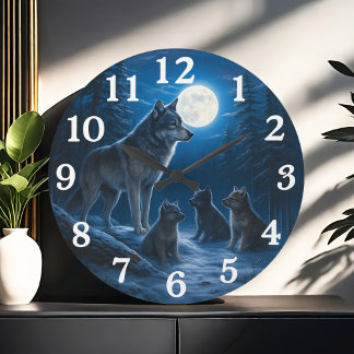 Reloj Redondo Grande Manada de lobos bajo la luz de la luna en un bosqu